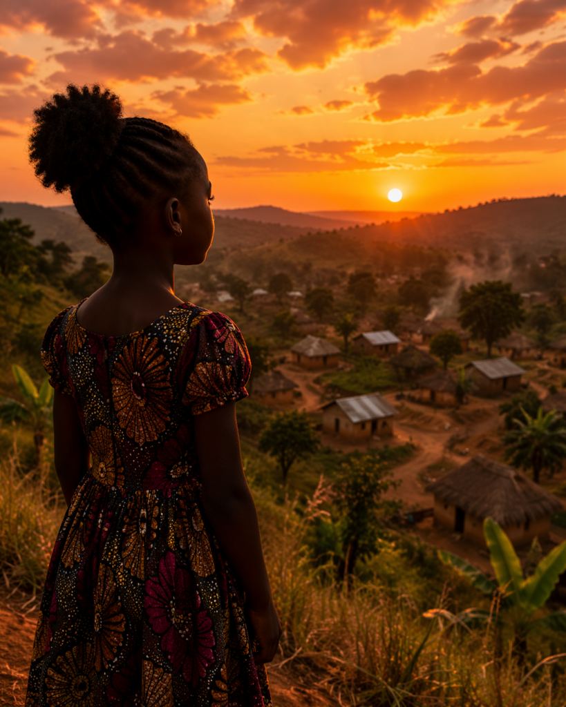 The purpose of this photo is to provide a visual representation of a young African child observing her environment, symbolizing perspective, reflection, and connection to community life.
